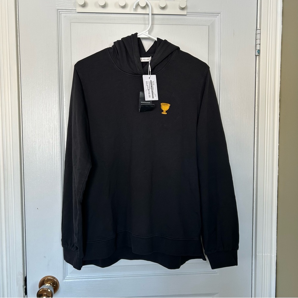 NWT Peter Millar Black Hoodie with Gold Presidents Cup Embroidered Detail Medium